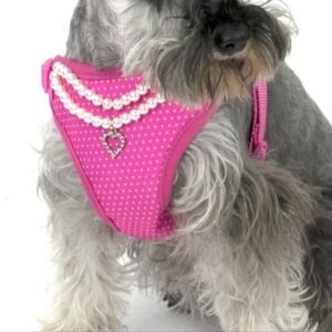 ❤️10/$40 New Pink Polka Dot Dog Harness with Pearls Heart Charm Differen…